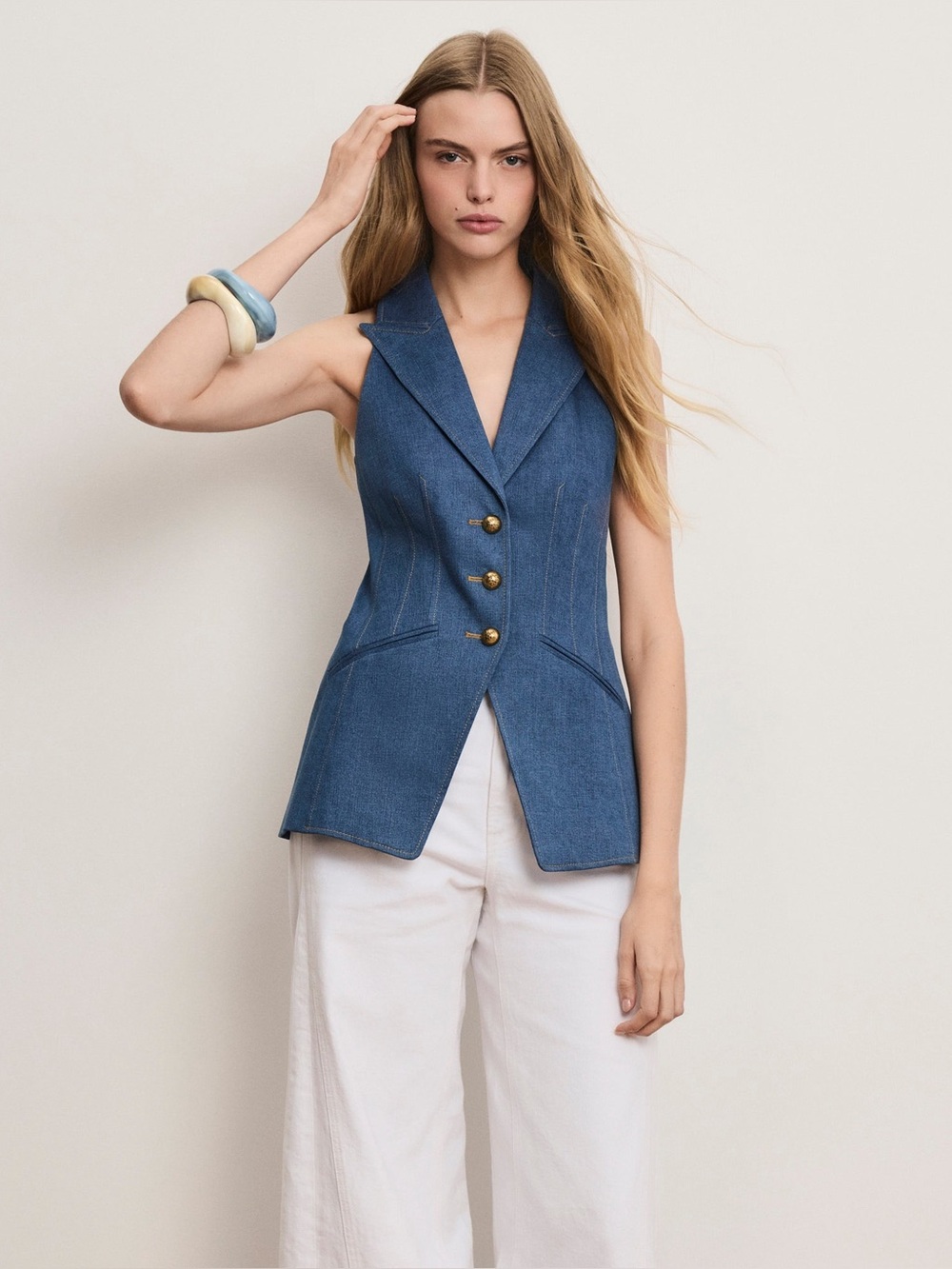 Veronica Beard Costa Denim Vest – Blue Stretch-Denim Sleeveless Top